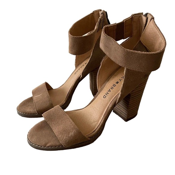 Lucky Brand 6.5 Lexara Heels Open Toe Sandals Block Heel Taupe Suede - Picture 4 of 13